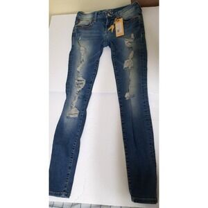 Robins Jeans 28 Gold Skinny Super Broken Medium Wash Distressed Blue Denim Robin